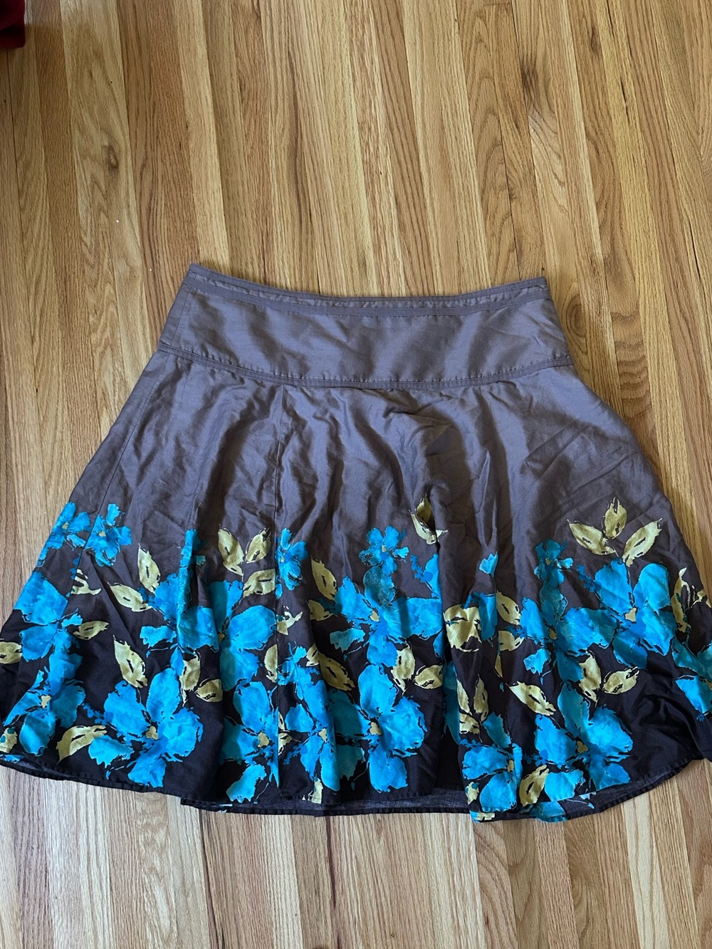 Jones Wear Brown Midi Skirt with Bright Turquoise Floral Border